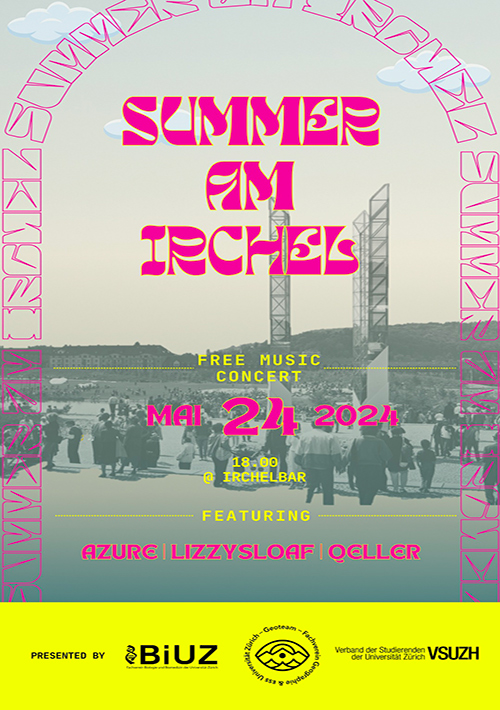 Music concert flyer featuring AZURE live performance at Summer am Irchel 2024.
