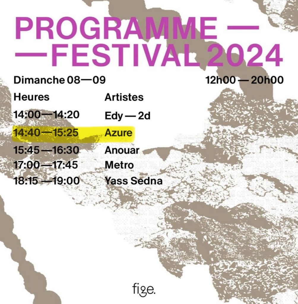 Program for Sunday, September 08, Festival Interculturel Genevois, 2024 edition. Azure playing at 14h40.