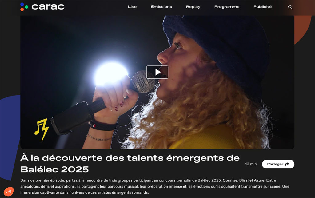 Girl singing in screenshot for Tremplin Festival Balelec 2025 video interviews with Carac tv.
