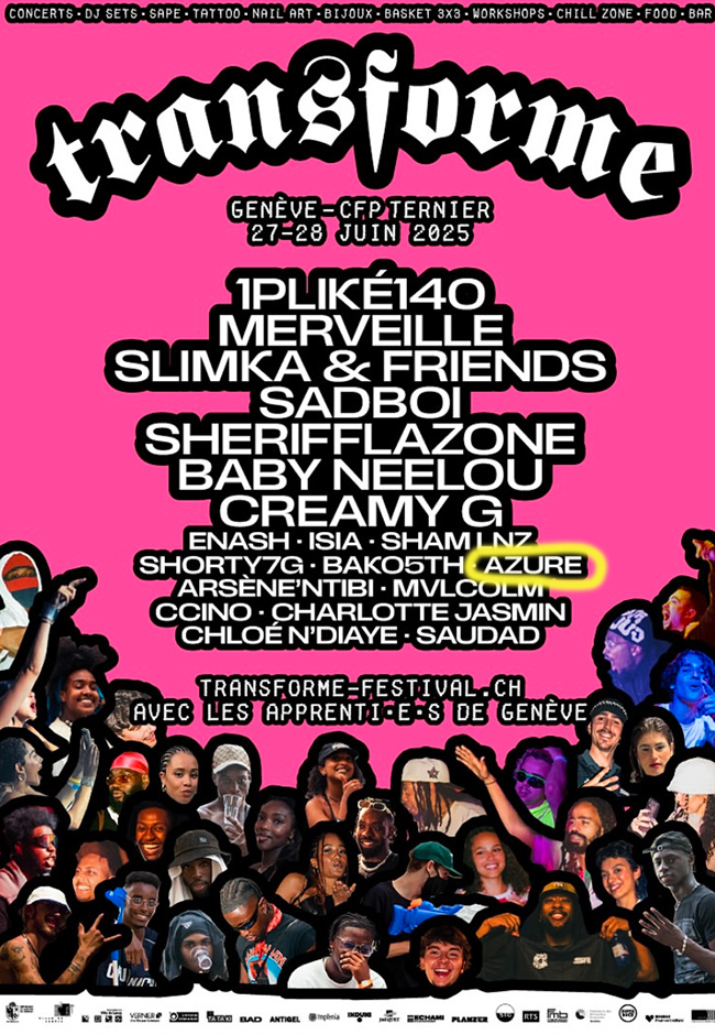 Transforme Festival Geneva 2025 poster listing singer, songwriter AZURE and all other participating artists.