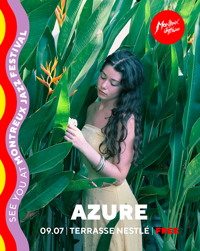 AZURE, Swiss singer, songwriter poses in tropical leaves for Montreux Jazz Festival 2025 poster.