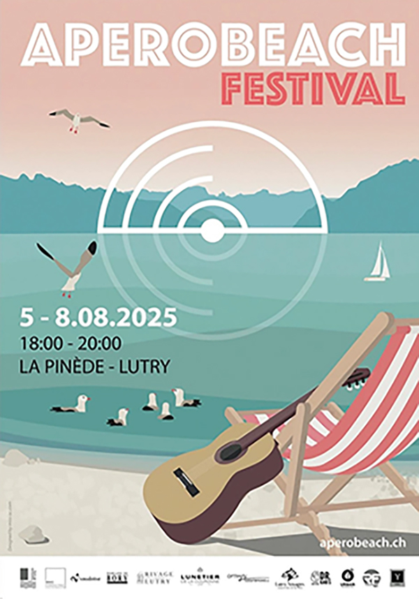 poster for apero beach festival 2025. beach chair and guitar by the water with mountains in the background
